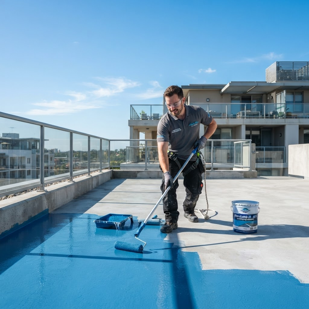 Bright modern home with a freshly waterproofed terrace under clear blue sky
